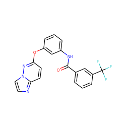 O=C(Nc1cccc(Oc2ccc3nccn3n2)c1)c1cccc(C(F)(F)F)c1 ZINC000095561102