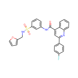 O=C(Nc1cccc(S(=O)(=O)NCc2ccco2)c1)c1cc(-c2ccc(F)cc2)nc2ccccc12 ZINC000008685526