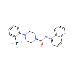 O=C(Nc1cccc2ncccc12)N1CCN(c2ccccc2C(F)(F)F)CC1 ZINC000028107714