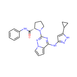 O=C(Nc1ccccc1)[C@@H]1CCCN1c1nc(Nc2cc(C3CC3)[nH]n2)c2cccn2n1 ZINC000045289990