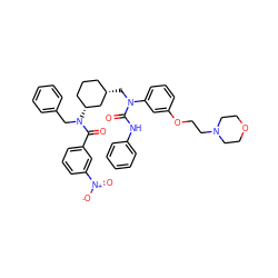 O=C(Nc1ccccc1)N(C[C@H]1CCC[C@@H](N(Cc2ccccc2)C(=O)c2cccc([N+](=O)[O-])c2)C1)c1cccc(OCCN2CCOCC2)c1 ZINC000049938383