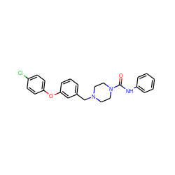 O=C(Nc1ccccc1)N1CCN(Cc2cccc(Oc3ccc(Cl)cc3)c2)CC1 ZINC000083307802