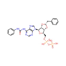 O=C(Nc1ccccc1)Nc1ncnc2c1ncn2[C@@H]1O[C@H](CO[P@@](=O)(O)OP(=O)(O)O)[C@H]2O[C@@H](Cc3ccccc3)O[C@H]21 ZINC000049807886