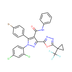 O=C(Nc1ccccc1)c1c(-c2nnc(C3(C(F)(F)F)CC3)o2)nn(-c2ccc(Cl)cc2Cl)c1-c1ccc(Br)cc1 ZINC000049899451