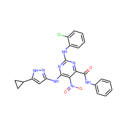 O=C(Nc1ccccc1)c1nc(Nc2ccccc2Cl)nc(Nc2cc(C3CC3)[nH]n2)c1[N+](=O)[O-] ZINC000203003797