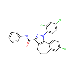 O=C(Nc1ccccc1)c1nn(-c2ccc(Cl)cc2Cl)c2c1CCCc1cc(Cl)ccc1-2 ZINC000013676072