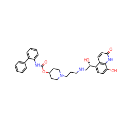 O=C(Nc1ccccc1-c1ccccc1)OC1CCN(CCCNC[C@H](O)c2ccc(O)c3[nH]c(=O)ccc23)CC1 ZINC000066074588