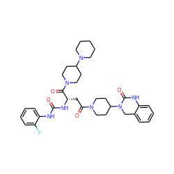 O=C(Nc1ccccc1F)N[C@@H](CC(=O)N1CCC(N2Cc3ccccc3NC2=O)CC1)C(=O)N1CCC(N2CCCCC2)CC1 ZINC000084617812