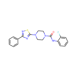 O=C(Nc1ccccc1F)N1CCN(c2nc(-c3ccccc3)ns2)CC1 ZINC000034837398