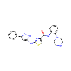 O=C(Nc1ccccc1N1CCNCC1)c1csc(Nc2cc(-c3ccccc3)n[nH]2)n1 ZINC000096269603