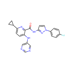 O=C(Nc1ccn(-c2ccc(F)cc2)n1)c1nc(C2CC2)ccc1Nc1cncnc1 ZINC000096167379