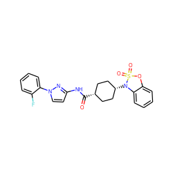 O=C(Nc1ccn(-c2ccccc2F)n1)[C@H]1CC[C@@H](N2c3ccccc3OS2(=O)=O)CC1 ZINC000261153763