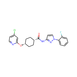 O=C(Nc1ccn(-c2ccccc2F)n1)[C@H]1CC[C@@H](Oc2cc(Cl)ccn2)CC1 ZINC000261085943