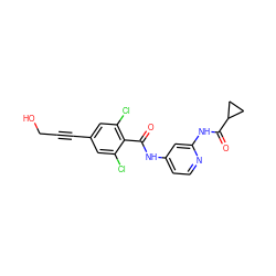 O=C(Nc1ccnc(NC(=O)C2CC2)c1)c1c(Cl)cc(C#CCO)cc1Cl ZINC000096928688