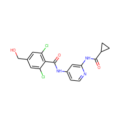 O=C(Nc1ccnc(NC(=O)C2CC2)c1)c1c(Cl)cc(CO)cc1Cl ZINC000096928684