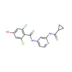 O=C(Nc1ccnc(NC(=O)C2CC2)c1)c1c(Cl)cc(O)cc1Cl ZINC000096928682