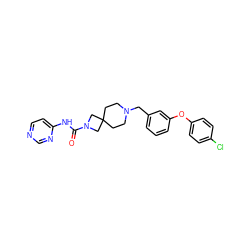 O=C(Nc1ccncn1)N1CC2(CCN(Cc3cccc(Oc4ccc(Cl)cc4)c3)CC2)C1 ZINC000103263345