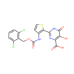 O=C(Nc1ccsc1-c1nc(C(=O)O)c(O)c(=O)[nH]1)OCc1c(Cl)cccc1Cl ZINC000003583367