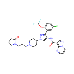 O=C(Nc1cn(C2CCN(CCCN3CCCC3=O)CC2)nc1-c1cc(Cl)ccc1OC(F)F)c1cnn2cccnc12 ZINC001772608107