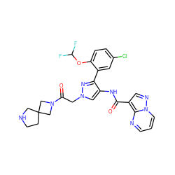 O=C(Nc1cn(CC(=O)N2CC3(CCNC3)C2)nc1-c1cc(Cl)ccc1OC(F)F)c1cnn2cccnc12 ZINC001772576428