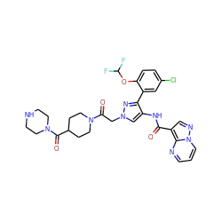 O=C(Nc1cn(CC(=O)N2CCC(C(=O)N3CCNCC3)CC2)nc1-c1cc(Cl)ccc1OC(F)F)c1cnn2cccnc12 ZINC001772649748