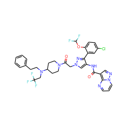 O=C(Nc1cn(CC(=O)N2CCC(N(CCc3ccccc3)CC(F)(F)F)CC2)nc1-c1cc(Cl)ccc1OC(F)F)c1cnn2cccnc12 ZINC001772604668