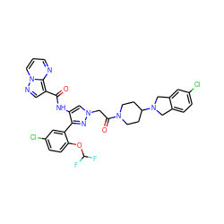 O=C(Nc1cn(CC(=O)N2CCC(N3Cc4ccc(Cl)cc4C3)CC2)nc1-c1cc(Cl)ccc1OC(F)F)c1cnn2cccnc12 ZINC001772601995