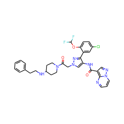 O=C(Nc1cn(CC(=O)N2CCC(NCCc3ccccc3)CC2)nc1-c1cc(Cl)ccc1OC(F)F)c1cnn2cccnc12 ZINC001772651383