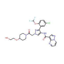 O=C(Nc1cn(CC(=O)N2CCC(OCCO)CC2)nc1-c1cc(Cl)ccc1OC(F)F)c1cnn2cccnc12 ZINC001772629171