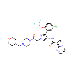 O=C(Nc1cn(CC(=O)N2CCN(CC3CCOCC3)CC2)nc1-c1cc(Cl)ccc1OC(F)F)c1cnn2cccnc12 ZINC001772576426