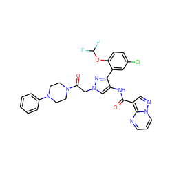 O=C(Nc1cn(CC(=O)N2CCN(c3ccccc3)CC2)nc1-c1cc(Cl)ccc1OC(F)F)c1cnn2cccnc12 ZINC001772589885