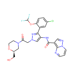 O=C(Nc1cn(CC(=O)N2CCO[C@H](CO)C2)nc1-c1cc(Cl)ccc1OC(F)F)c1cnn2cccnc12 ZINC001772596275