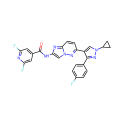 O=C(Nc1cn2nc(-c3cn(C4CC4)nc3-c3ccc(F)cc3)ccc2n1)c1cc(F)nc(F)c1 ZINC001772574819