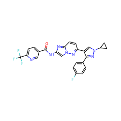 O=C(Nc1cn2nc(-c3cn(C4CC4)nc3-c3ccc(F)cc3)ccc2n1)c1ccc(C(F)(F)F)nc1 ZINC001772655543