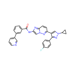 O=C(Nc1cn2nc(-c3cn(C4CC4)nc3-c3ccc(F)cc3)ccc2n1)c1cccc(-c2cccnc2)c1 ZINC001772603218