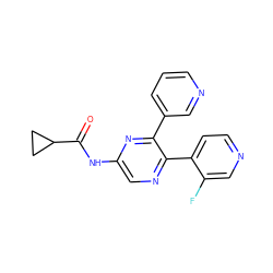 O=C(Nc1cnc(-c2ccncc2F)c(-c2cccnc2)n1)C1CC1 ZINC000035000463