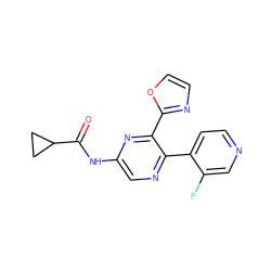 O=C(Nc1cnc(-c2ccncc2F)c(-c2ncco2)n1)C1CC1 ZINC000066098044