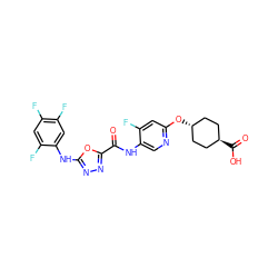 O=C(Nc1cnc(O[C@H]2CC[C@H](C(=O)O)CC2)cc1F)c1nnc(Nc2cc(F)c(F)cc2F)o1 ZINC000116601383