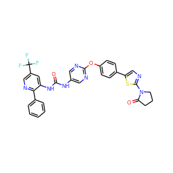 O=C(Nc1cnc(Oc2ccc(-c3cnc(N4CCCC4=O)s3)cc2)nc1)Nc1cc(C(F)(F)F)cnc1-c1ccccc1 ZINC000143892275