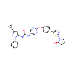 O=C(Nc1cnc(Oc2ccc(-c3cnc(N4CCCC4=O)s3)cc2)nc1)Nc1cc(C2CC2)nn1-c1ccccc1 ZINC000143854424