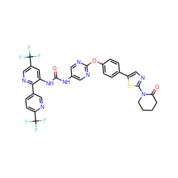 O=C(Nc1cnc(Oc2ccc(-c3cnc(N4CCCCC4=O)s3)cc2)nc1)Nc1cc(C(F)(F)F)cnc1-c1ccc(C(F)(F)F)nc1 ZINC000205714004