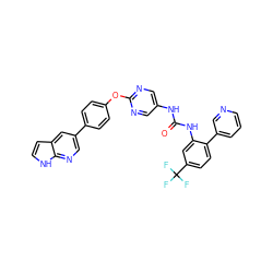 O=C(Nc1cnc(Oc2ccc(-c3cnc4[nH]ccc4c3)cc2)nc1)Nc1cc(C(F)(F)F)ccc1-c1cccnc1 ZINC000223415350