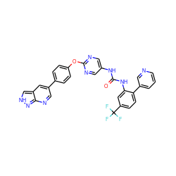 O=C(Nc1cnc(Oc2ccc(-c3cnc4n[nH]cc4c3)cc2)nc1)Nc1cc(C(F)(F)F)ccc1-c1cccnc1 ZINC001772621496