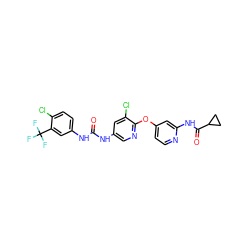 O=C(Nc1cnc(Oc2ccnc(NC(=O)C3CC3)c2)c(Cl)c1)Nc1ccc(Cl)c(C(F)(F)F)c1 ZINC001772649991