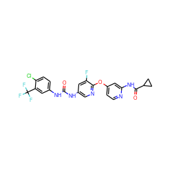 O=C(Nc1cnc(Oc2ccnc(NC(=O)C3CC3)c2)c(F)c1)Nc1ccc(Cl)c(C(F)(F)F)c1 ZINC001772651884