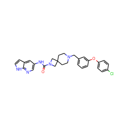 O=C(Nc1cnc2[nH]ccc2c1)N1CC2(CCN(Cc3cccc(Oc4ccc(Cl)cc4)c3)CC2)C1 ZINC000103263323