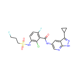 O=C(Nc1cnc2[nH]nc(C3CC3)c2c1)c1c(F)ccc(NS(=O)(=O)CCCF)c1Cl ZINC000073222713