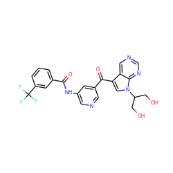 O=C(Nc1cncc(C(=O)c2cn(C(CO)CO)c3ncncc23)c1)c1cccc(C(F)(F)F)c1 ZINC000169707826