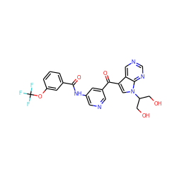 O=C(Nc1cncc(C(=O)c2cn(C(CO)CO)c3ncncc23)c1)c1cccc(OC(F)(F)F)c1 ZINC000169707828