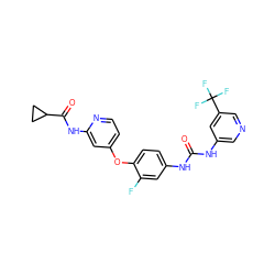 O=C(Nc1cncc(C(F)(F)F)c1)Nc1ccc(Oc2ccnc(NC(=O)C3CC3)c2)c(F)c1 ZINC001772616229